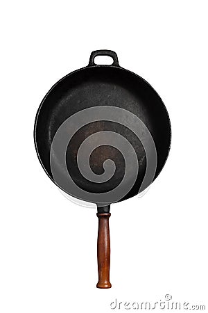 Black big round cast-iron classic frying pan on a white background close-up top view. food industry concept Stock Photo