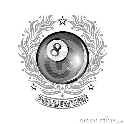 Black billiard ball in center of silver olive wreath. Sport logo for any billiard game Vector Illustration