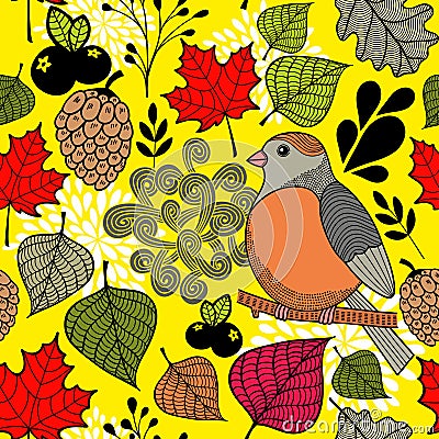 Black and with bird on the branch and autumn leaves. Vector Illustration