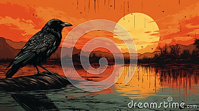 Noir Comic Art: Raven By Water At Sunset Stock Photo
