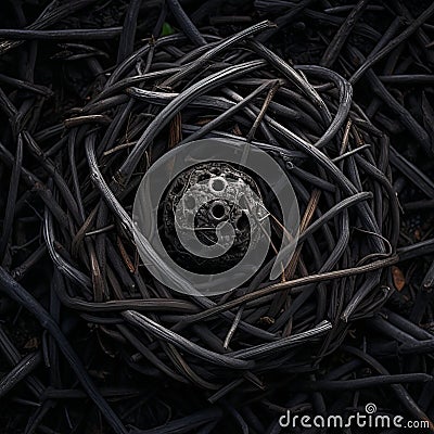 a black birds nest with a ball in it Stock Photo