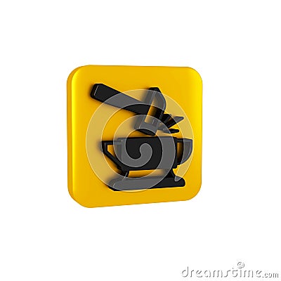 Black Blacksmith anvil tool and hammer icon isolated on transparent background. Metal forging. Forge tool. Yellow square Stock Photo
