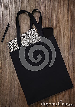 Black blank cotton eco tote bag, design mockup. Stock Photo