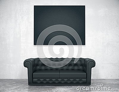 Black blank picture frame on the concrete wall and leather sofa, mock up Stock Photo