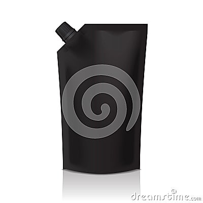 Black blank plastic doypack stand up pouch with spout. Flexible packaging mock up for food or drink Vector Illustration