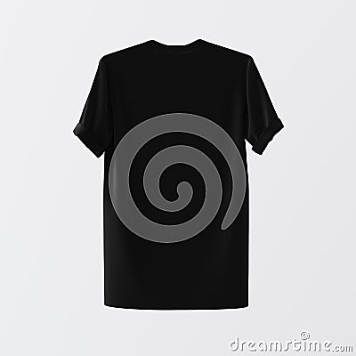Black Blank Textile Tshirt Isolated Center White Empty Background.Mockup Highly Detailed Texture Materials.Space for Stock Photo