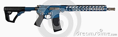 Black & Blue AR15 rifle with SS accents isolated on white background. Stock Photo