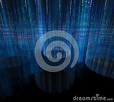 Black and blue background. Turquoise circles with blurred rays. Stock Photo