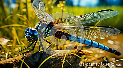 Black blue dragonfly close up. Deep blue dragonfly sits on the grass dragonfly in nature habitat. Insect dragonfly close up macro Stock Photo