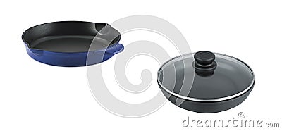 Black and blue frying pans isolated Stock Photo