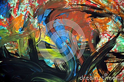 Black blue orange green yellow brush strokes, abstract paint and geometries Stock Photo