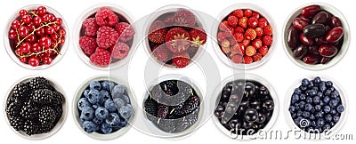 Black-blue and red berries isolated on white background. Collage of different fruits and berries. Blueberry, blackberry, mulberry, Stock Photo