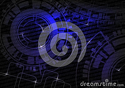 Black blue technology background with code and wheel design, future wallpaper Vector Illustration