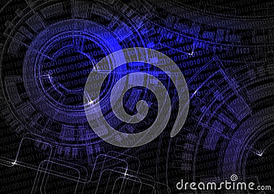 Black blue technology background with code and wheel design, future wallpaper Vector Illustration