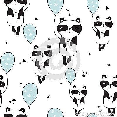 Black, blue and white seamless pattern with cute pandas with air balloons Vector Illustration