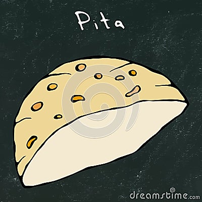 Black Board Background. Pita Pocket Bread. Arabic Israel Healthy Fast Food Bakery. Jewish Street Food. Realistic Hand Drawn Illust Stock Photo