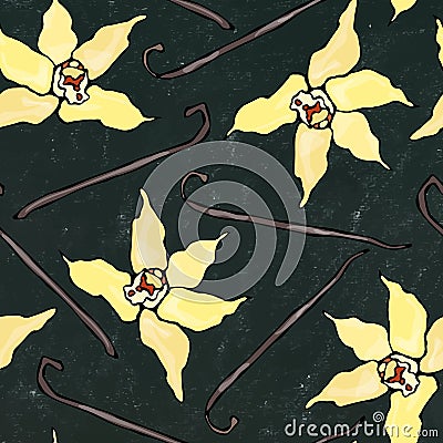 Black Board Background. Vanilla Stick and Flower Seamless Endless Pattern. Vanilla Pod and Blossom Seasonal Background. Spice and Stock Photo