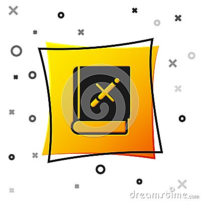 Black Book with stop cigarette icon isolated on white background. Book about the dangers of smoking. Yellow square Vector Illustration