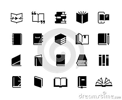 Black books icons. Study education book set, textbook magazine diary bible business collection. Vector logo Vector Illustration