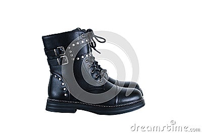 Black boot closeup with metal staves. Stock Photo