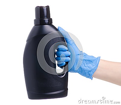 Black bottle laundry gel in cleaning glove hand Stock Photo