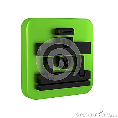 Black Bottle with potion icon isolated on transparent background. Flask with magic potion. Green square button. Stock Photo