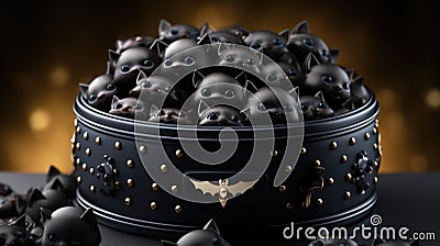 A black bowl filled with lots of black cats. Generative AI image. Stock Photo