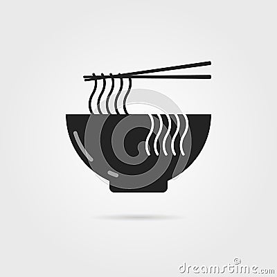 Black bowl icon with chinese noodles and shadow Vector Illustration
