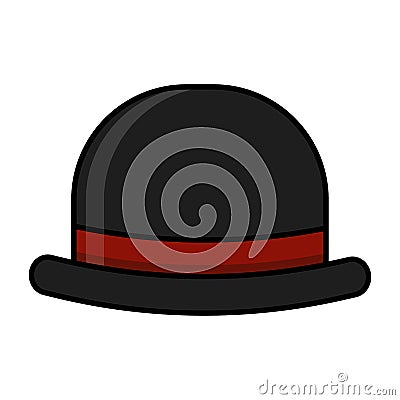 A black bowler hat with red ribbon on a white background, vector flat illustration Vector Illustration