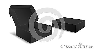 Black box packaging. Side view open and closed gift blank boxes. Empty cardboard black product package 3d vector Vector Illustration