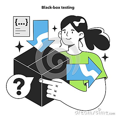 Black box testing. Software testing methodology. IT specialist searching Vector Illustration