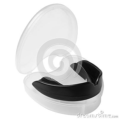 Black boxing mouthguard, in a plastic container, protection of teeth and lips Stock Photo