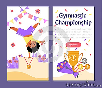 Black boy with afro doing cartwheel on podium after winning the first place, gold medal at Kids Gymnastic Championship Vector Illustration