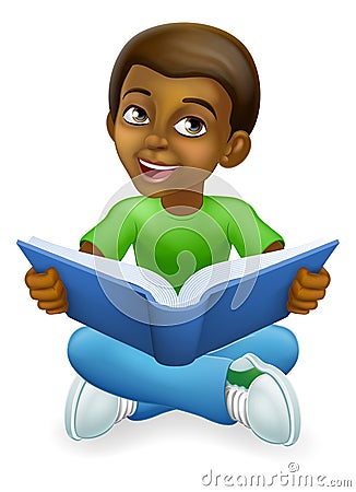 Black Child Boy Cartoon Kid Reading Book Vector Illustration