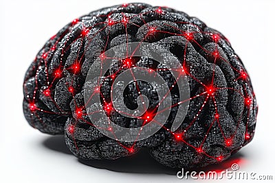 Black brain structure glowing red neural signals showcasing advanced cognitive science digital data flow technology Cartoon Illustration