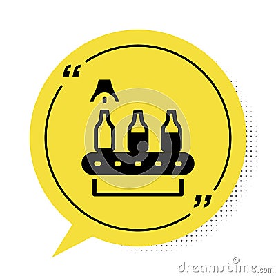 Black Brewery factory production line pouring alcoholic drink in glass bottles icon isolated on white background. Yellow Stock Photo