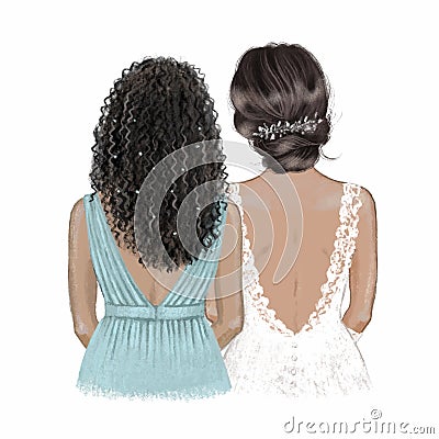Black bride and bridesmaid. Hand drawn illustration Vector Illustration