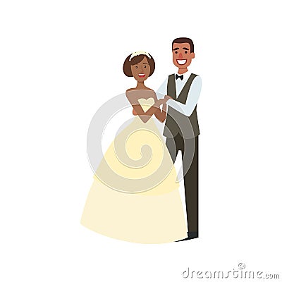 Black Bride And Groom Newlywed Couple In Traditional Wedding Dress And Suit Smiling And Posing For Photo Vector Illustration