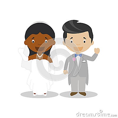 Black bride and mestizo bridegroom Interracial newlywed couple in cartoon style Vector illustration Vector Illustration