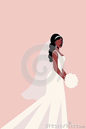 Black Bride In White Dress With Veil And A Bouquet Of Flowers Vector Illustration