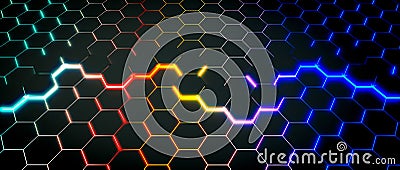 Black and bright background with luminescent hexagonal shapes Stock Photo
