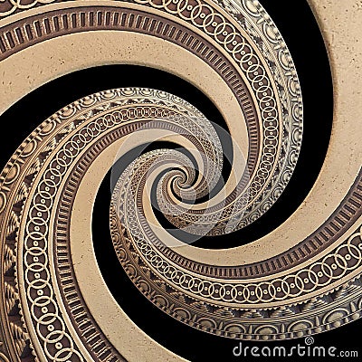 on black bronze copper geometrical abstract ornament spiral fractal pattern background. Metal spiral pattern effect Stock Photo