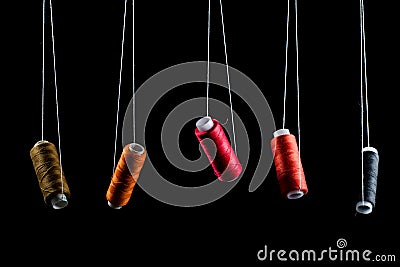 Black, bronze, orange, red and pink threads on babin soaring suspended on white thread on a black background, isolate Stock Photo