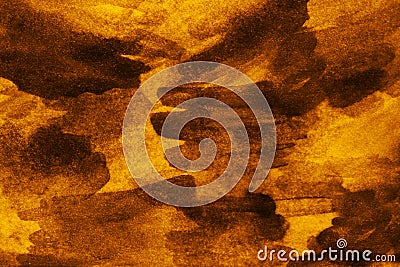 Black brown burnt orange fire yellow abstract watercolor. Bright art background. Daubs, brush strokes, stains. Stock Photo
