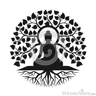 Black Buddha Meditation under bodhi tree with leaf and root abstract circle style vector design Vector Illustration