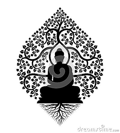 Black Buddha Meditation under bodhi tree with leaf and root sign vector design Vector Illustration