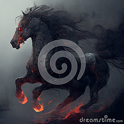 Black burning demonic horse with fiery eyes Stock Photo