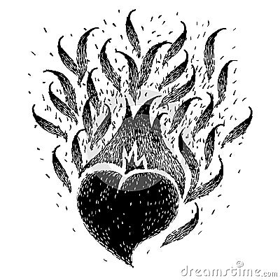 Black burning heart. Sketch for tattoo, poster, print or t-shirt. Vector illustration. Fire hearts. Flame heart. Vector Illustration