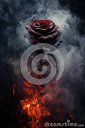 black burning rose. smoke, ashes, fire, flames, embers, powder, explosion, mist, fog, fantasy, surreal, abstract. Stock Photo