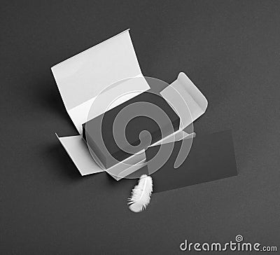 Black business cards in the silvery box. Stock Photo